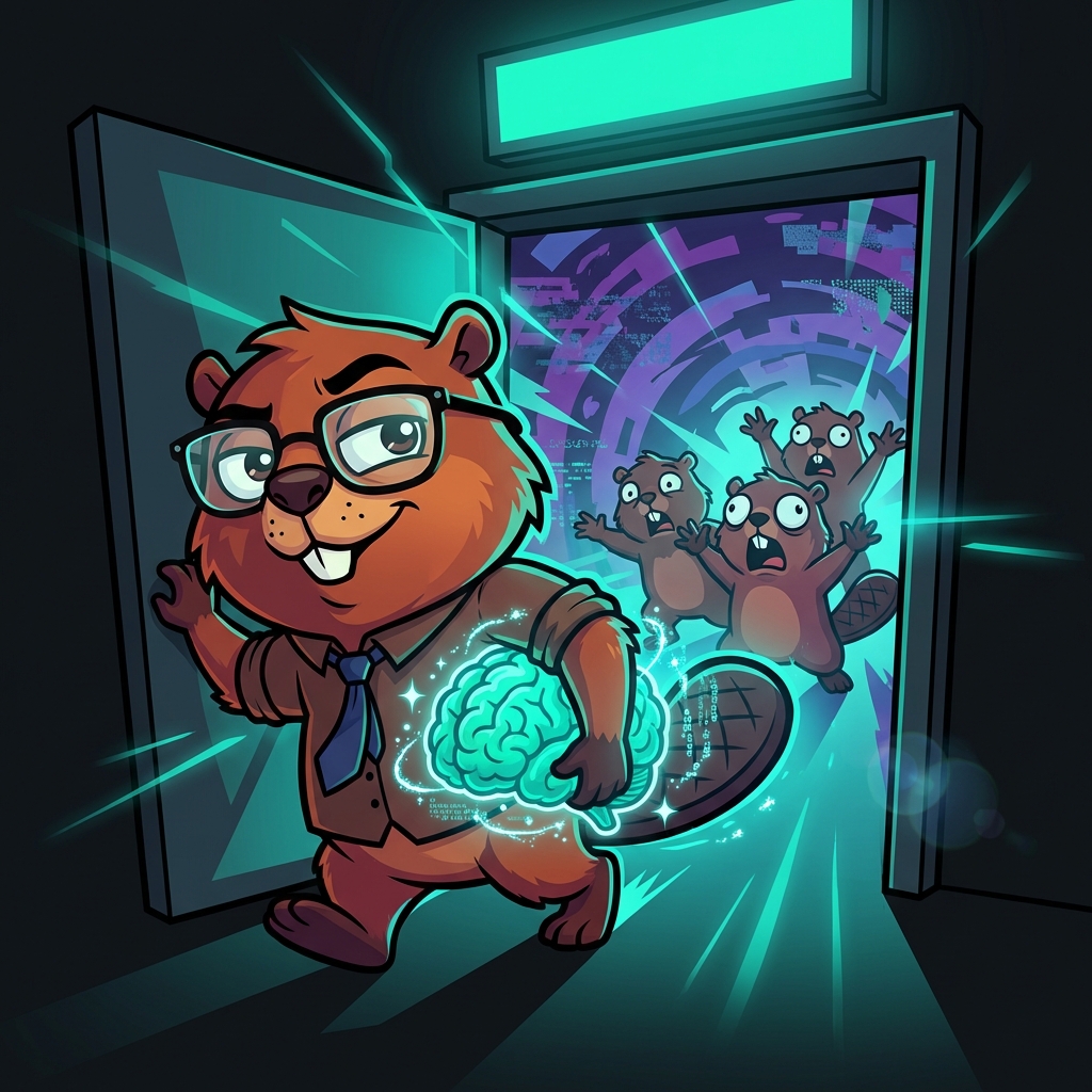 Beaver leaving with a glowing brain
