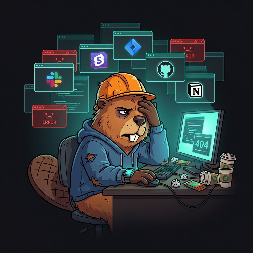 Frustrated beaver drowning in browser tabs