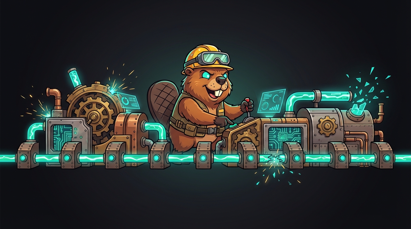 Beaver engineer operating a massive steampunk pipeline machine